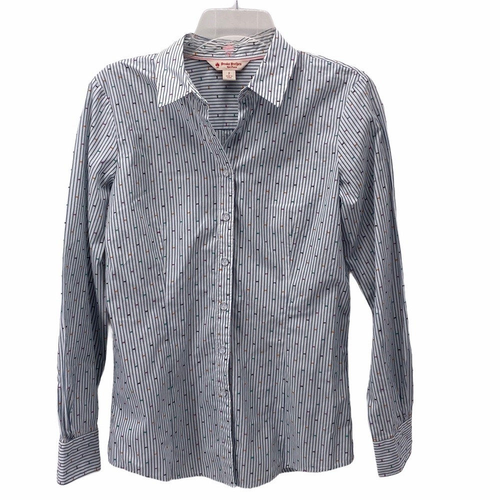 BROOKS BROTHERS STRIPED GEO PRINT BUTTON FRONT TOP